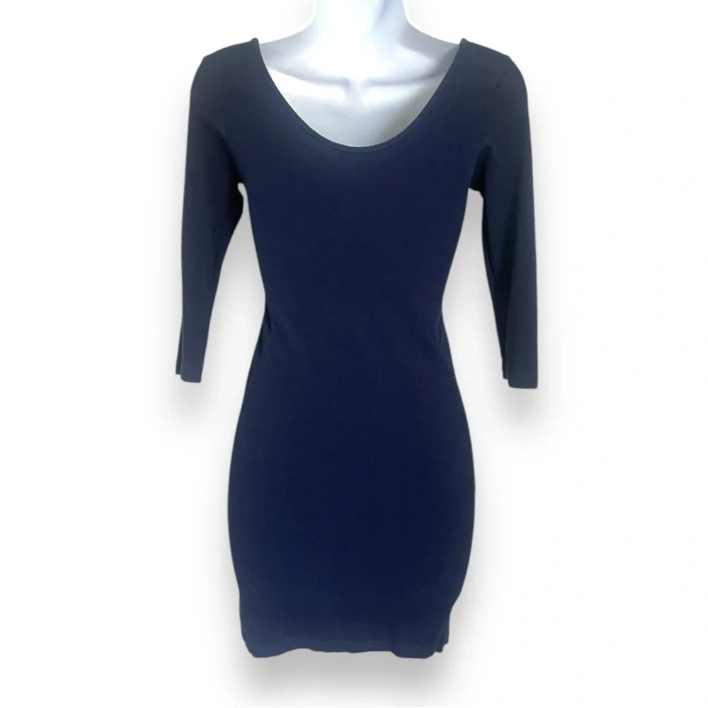 Forever 21 Navy Blue Bodycon Mini Dress Scoop  3/4 Sleeve Stretchy Cotton Blend - Picture 4 of 8